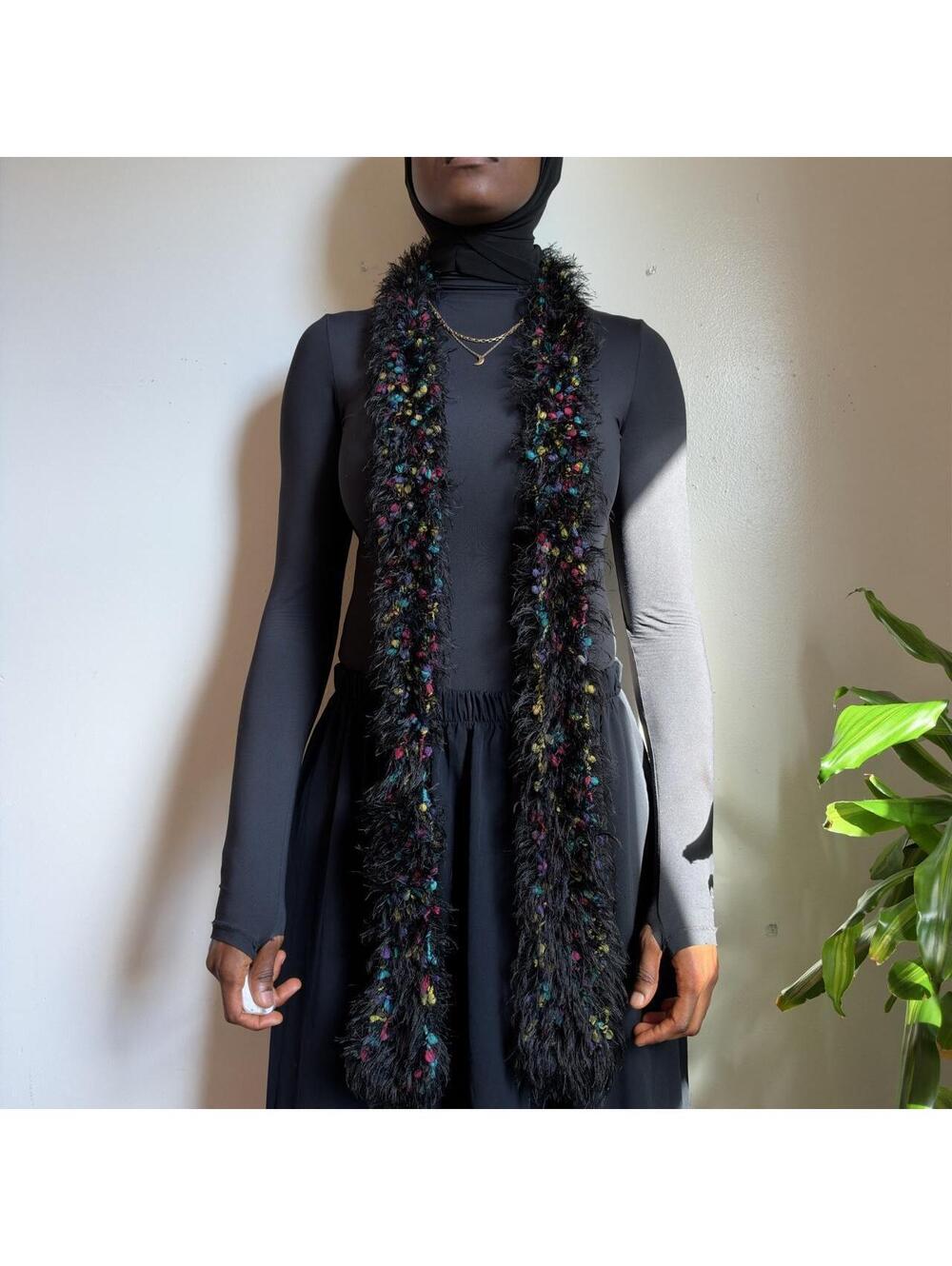 Fuzzy Eyelash Knit Skinny Scarf Black Multicolored Confetti